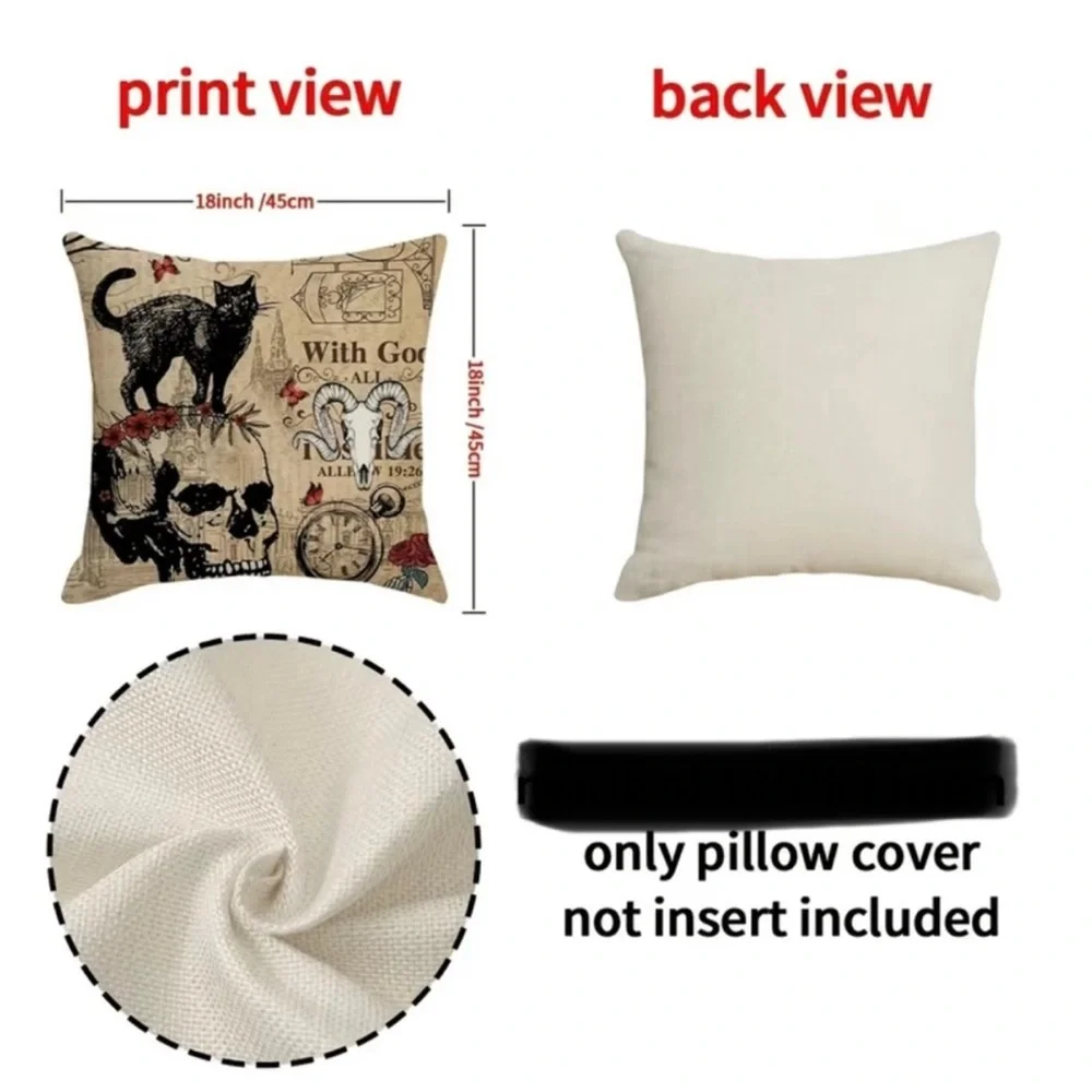 4pcs Vintage Halloween Throw Pillow Covers For Black Cat/Crow/Pumpkin/Skull Thro